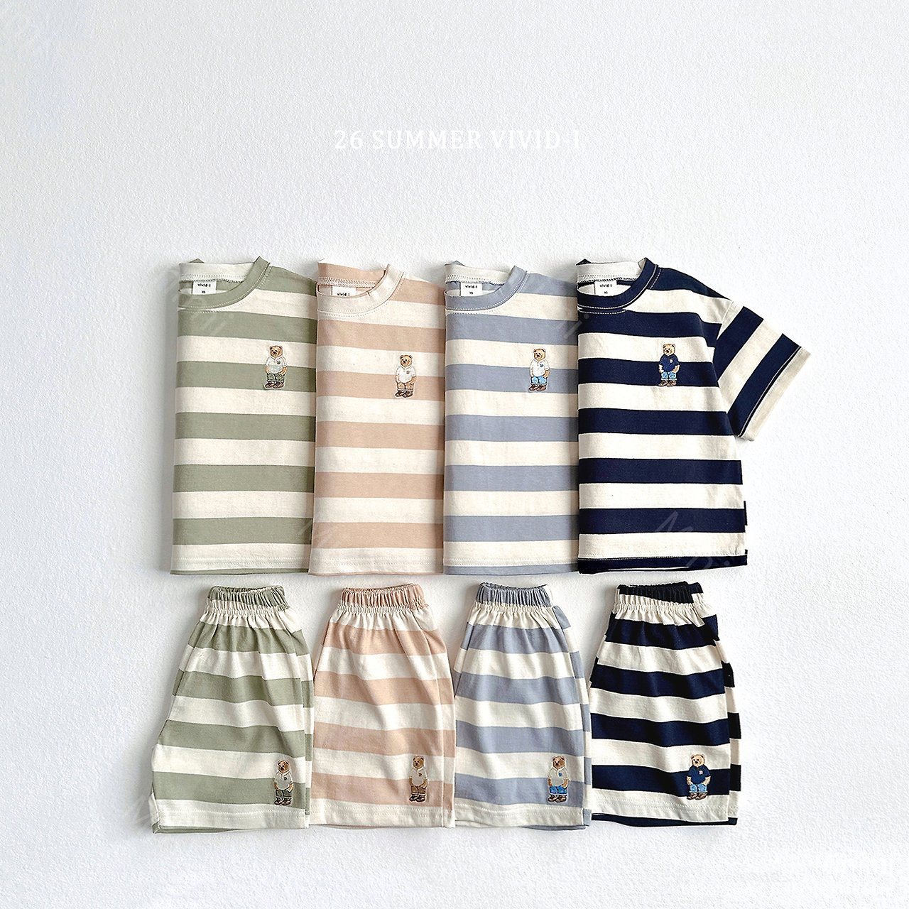 VIVID-I Bear Embroidery Striped Set - 韓國童裝代購主圖